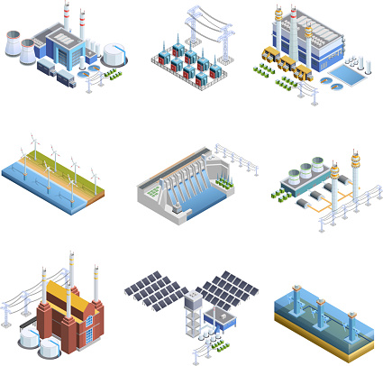 Isometric images set of different types of electricity generation plants from gas turbine to solar isolated vector illustration