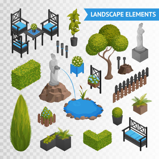 garden park elements transparent set Various garden park landscape isometric elements set with plants flowers furniture and statues isolated on transparent background vector illustration pond fountains stock illustrations