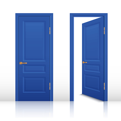 Blue house room open and closed doors with brown handles set isolated realistic vector illustration