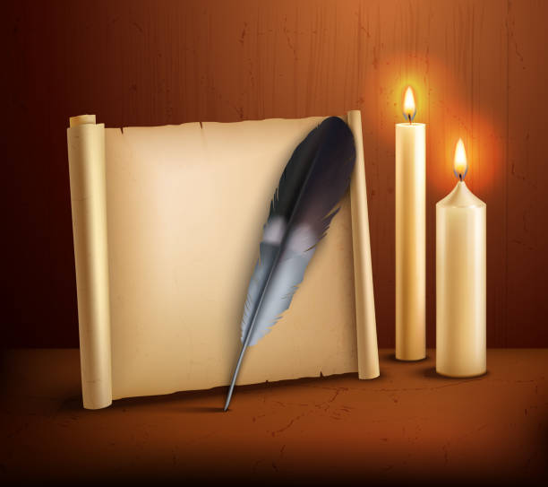 feathers realistic background Parchment paper with feather and burning candles realistic aged style poster with wooden background vector illustration clip art of scroll quill stock illustrations