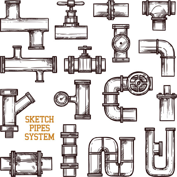 illustrazioni stock, clip art, cartoni animati e icone di tendenza di sistema di tubi di schizzo - boiler water heater symbol repairing