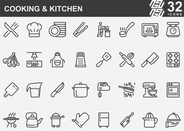 ilustraciones, imágenes clip art, dibujos animados e iconos de stock de iconos de la línea de cocina y cocina - cooking clothing foods and drinks equipment