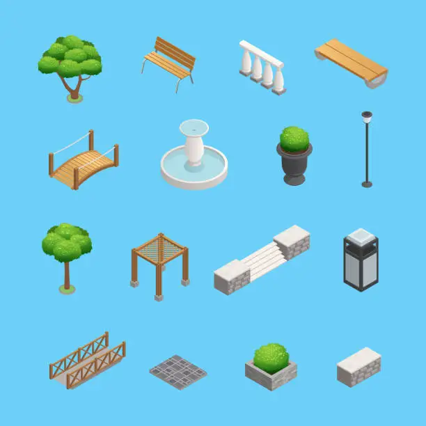 Vector illustration of landscaping elements isometric
