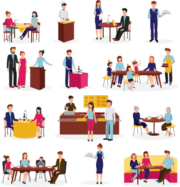 restaurant people set People in restaurant flat icons set on special occasions family dinner with friends abstract isolated vector illustration buffet illustrations stock illustrations