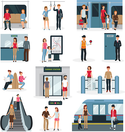 Flat design set with people in different situations in subway isolated on white background vector illustration