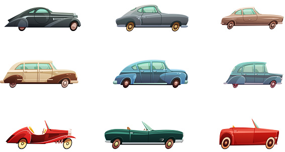 Retro car set of classic sport and convertible side view models of middle of twentieth century isolated vector illustration