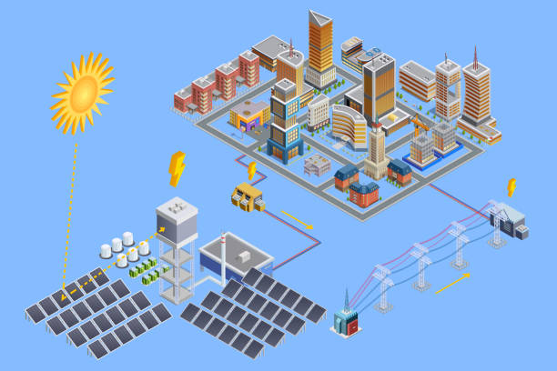 solar station isometric Isometric poster of modern city which gain energy from solar electricity station with mirror plates vector illustration manufacturing sourcing stock illustrations