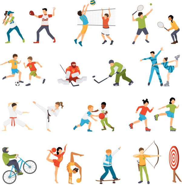 kids sport set Flat icons set of kids doing different types of sports from football to archery isolated vector illustration karate stock illustrations