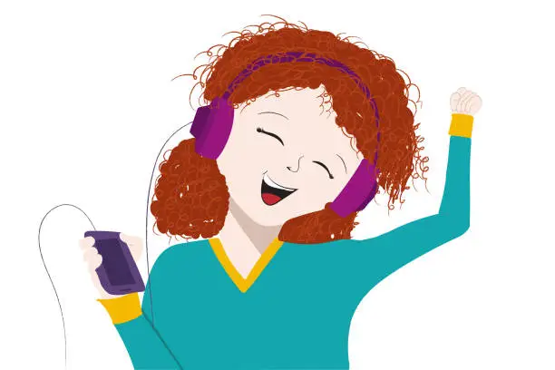 Vector illustration of Happy and fun child girl lsitening music with smartphone and headphones