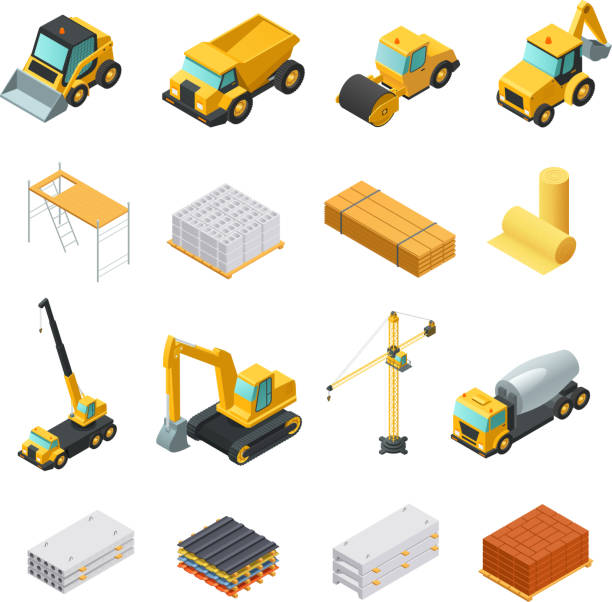 construction isometric isons Colorful isometric construction icons set with various materials and transport isolated on white background vector illustration construction vehicle stock illustrations