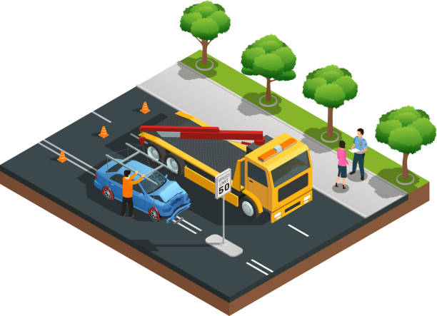 illustrations, cliparts, dessins animés et icônes de car accidents composition - isometric accident road sign traffic