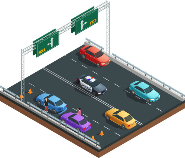 illustrations, cliparts, dessins animés et icônes de car accidents composition - isometric accident road sign traffic