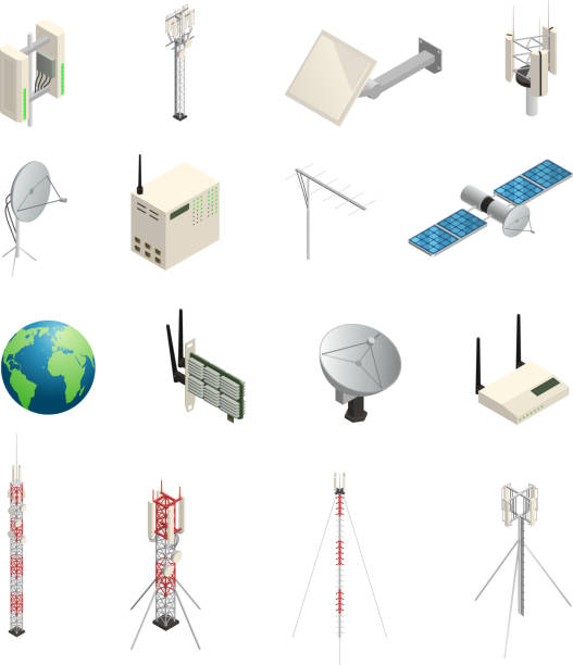 wireless communication isometric icons Isometric icons set of wireless communication equipments like towers satellite antennas router and other isolated vector illustration access point router stock illustrations