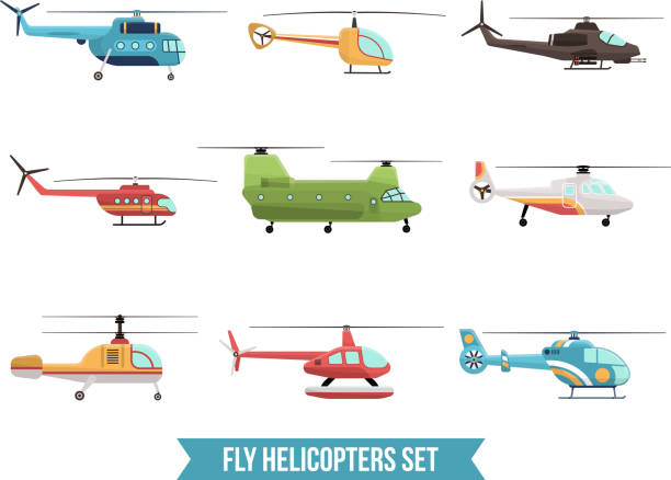 fly helicopters set Flat set of different flying colorful helicopters isolated on white background vector illustration helicopter modern stock illustrations