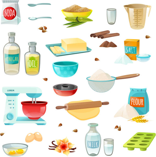baking ingredients Baking ingredients colored isolated icons set with flour sugar salt butter eggs milk cinnamon vanilla vector illustration rolling dough stock illustrations