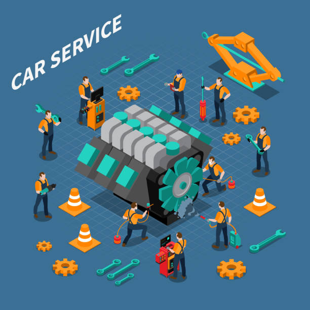 ilustraciones, imágenes clip art, dibujos animados e iconos de stock de composición de personas isométricas del servicio de coches - car backgrounds battery service