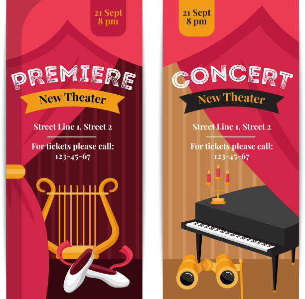 theatre poster banners Theatre poster vertical banners set with concert symbols flat isolated vector illustration tragicomedy stock illustrations