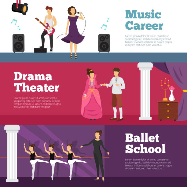 theatre people banners Theatre people banners set with ballet school and music career flat isolated vector illustration tragicomedy stock illustrations