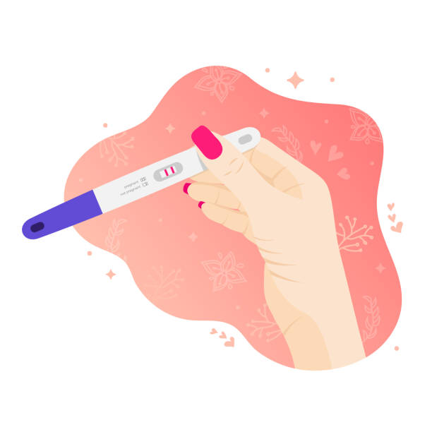 Pregnancy test in woman hand fluid Pregnancy or ovulation positive test in woman hand top view isolated on abstract background. Female reproductive design, planning of pregnancy concept. Vector illustration for banner, website, print family planning stock illustrations