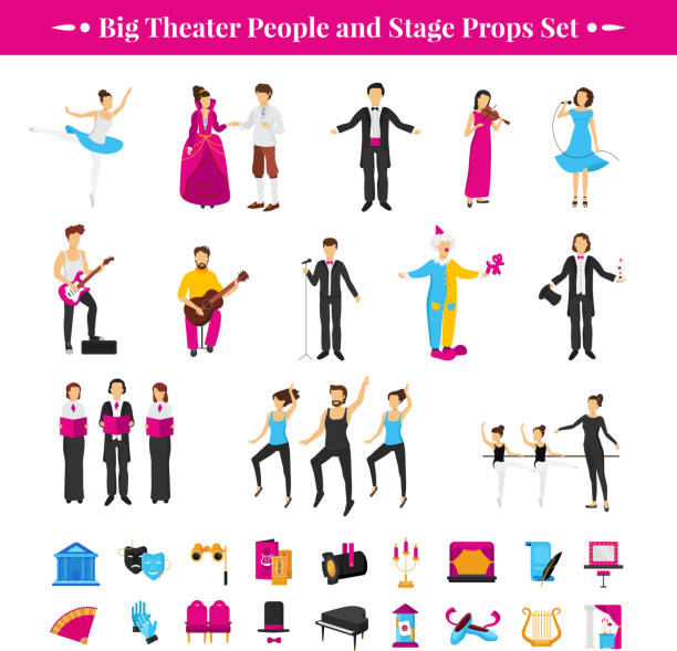 theatre big set Stage props set with actors dancers and musicians flat isolated vector illustration tragicomedy stock illustrations