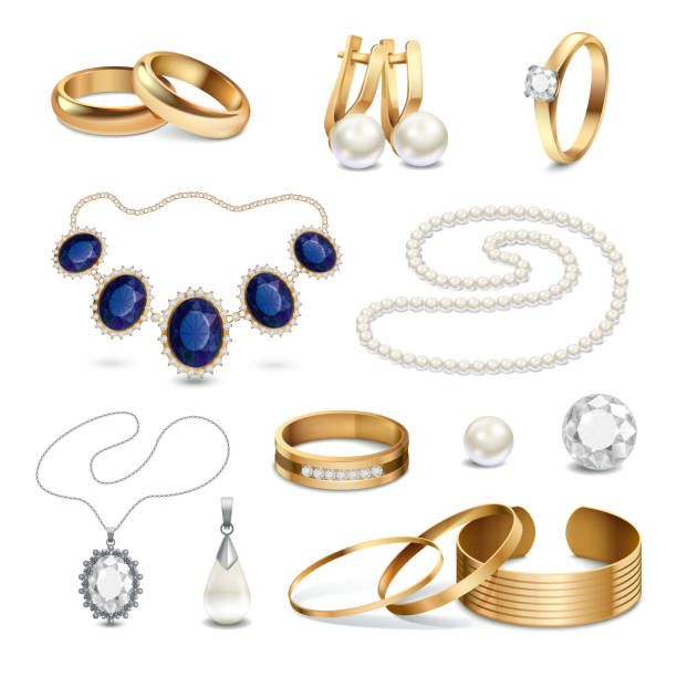 ilustrações, clipart, desenhos animados e ícones de acessórios de joias realistas - gold jewelry earring bracelet