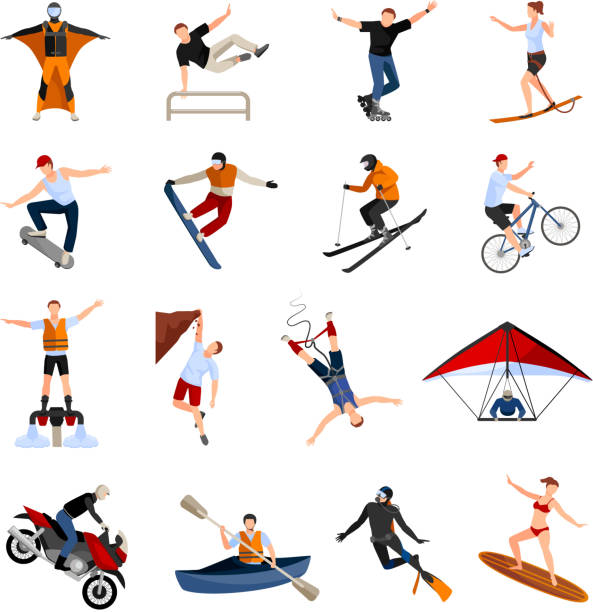 extreme sports people flat Flat design icons set with people doing various kinds of extreme sports isolated on white background vector illustration extreme sports stock illustrations