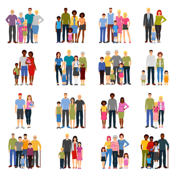 family icons flat Young couples and families with teenage children grandparents fathers and mothers flat isolated icons set vector illustration happy family stock illustrations