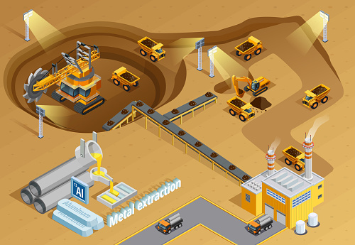 Mining and metal extraction background with machinery and equipment symbols isometric vector illustration