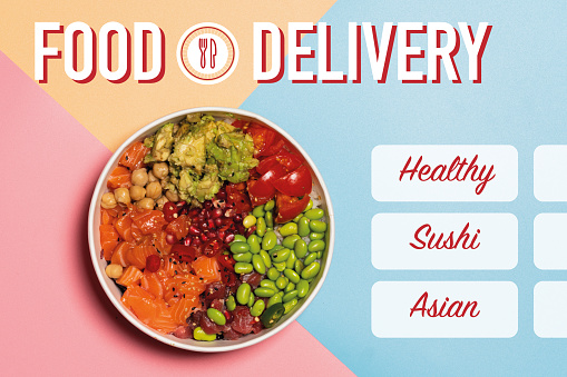 Graphic design of a food delivery company app. Poke bowl with rice and salmon in the background.