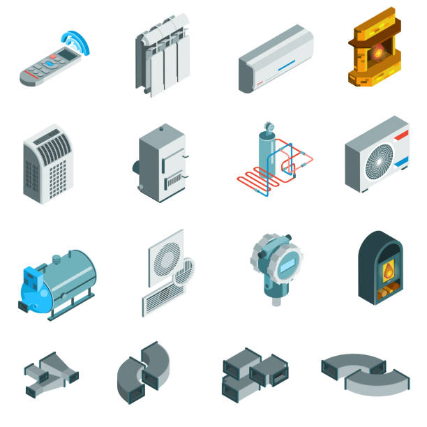 ilustraciones, imágenes clip art, dibujos animados e iconos de stock de iconos de refrigeración de calefacción isométricos - instalación eléctrica