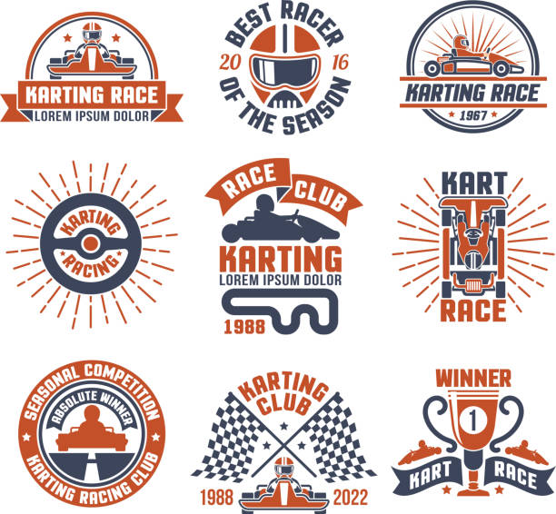 kart-motor-rennen-logo-emblem-set - sport go cart go carting sports race stock-grafiken, -clipart, -cartoons und -symbole