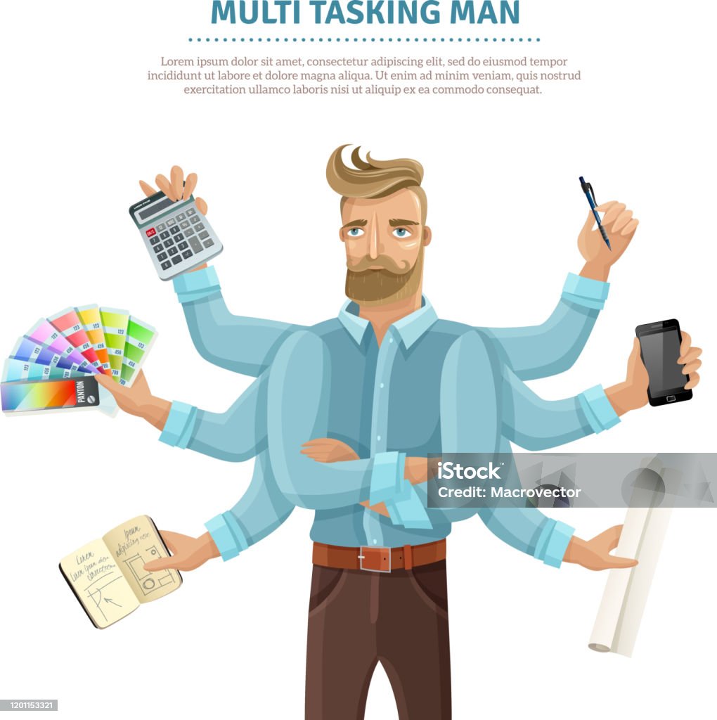 Modern Multitasking Man Multi Tasking Man Stock Illustration - Download Image Now - Weapon ...