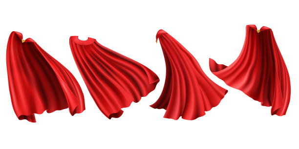 Red superhero cloaks with golden clasp clipart set Red cloaks with golden clasp set. Silk flattering capes front, back and side view in different positions isolated on white background, superhero costume. Realistic 3d vector illustration, clip art cape garment stock illustrations