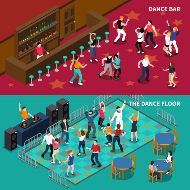 ilustrações de stock, clip art, desenhos animados e ícones de dance club people isometric banners - dance floor audio