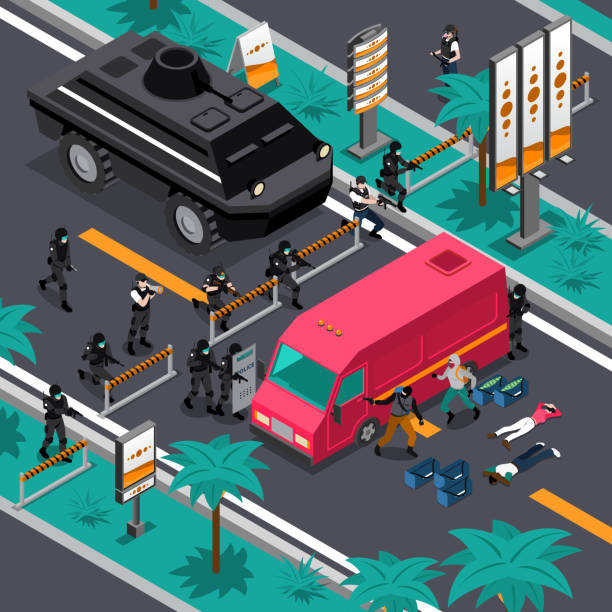 swat isometric composition Swat unit team tactics in action searching for gunman isometric composition poster with blocking streets vector illustration gun laws stock illustrations