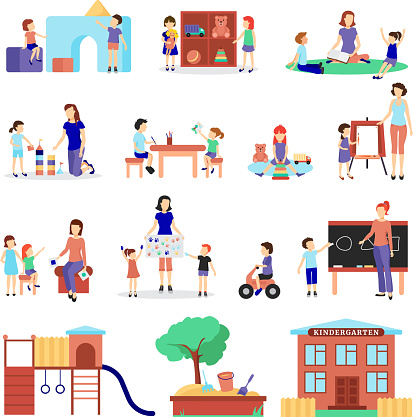 Kindergarten icons set with parents and children symbols flat isolated vector illustration