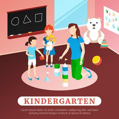 Kindergarten poster with children teacher room and toys flat vector illustration