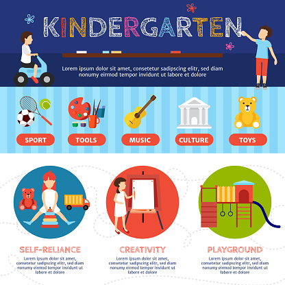 Kindergarten infographic set with sport and culture symbols flat vector illustration