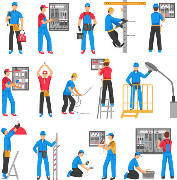 electric people set Electric people decorative icons set with electricians performing electrical works indoors and outdoors flat vector illustration electrician stock illustrations