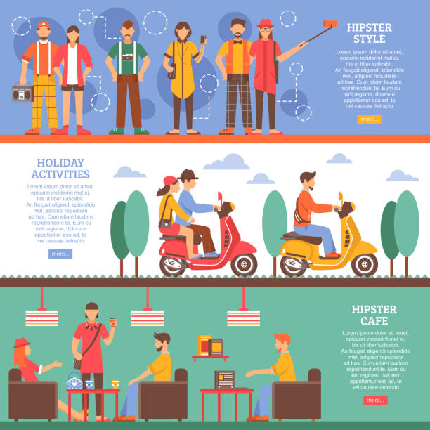 hipster people banners Hipster people horizontal banners with holiday activities cafe meeting and clothes style compositions flat vector illustration background of the cool guy wearing sunglasses stock illustrations