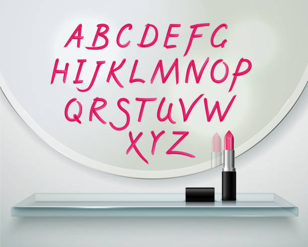 alphabet lipstick hand drawn transparent Hand drawn on round mirror red lipstick alphabet letters realistic composition with glass shelf transparent vector illustration mirror writing stock illustrations