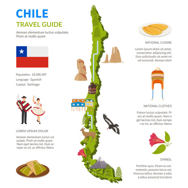 chile flat map Chile infographics flat layout with border map and travel guide page text elements and symbols vector illustration chile map stock illustrations