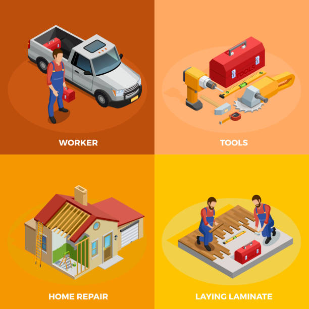 ilustraciones, imágenes clip art, dibujos animados e iconos de stock de reparación del hogar isométrica 1 - interface icons hammer home interior house