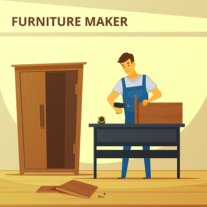 Carpenter assembling furniture flat poster with young professional at work hand hammering cupboard abstract vector illustration