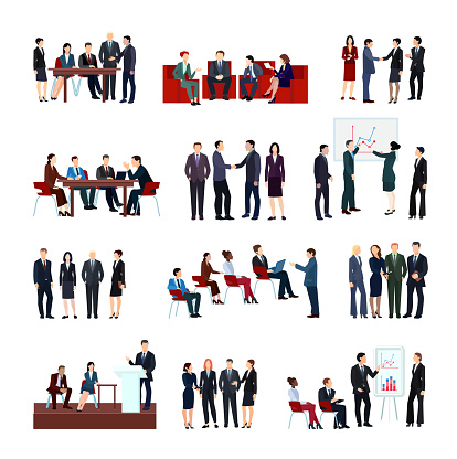 Business meetings set of employees and partners at conference briefing seminars in flat style isolated vector illustration