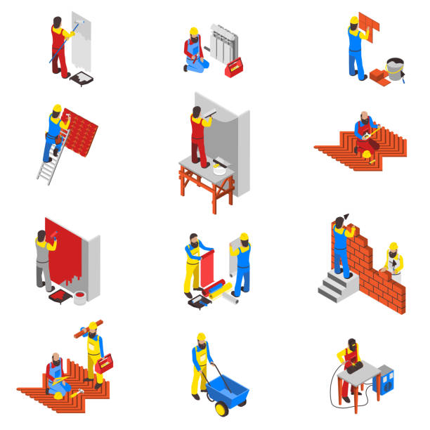 ilustraciones, imágenes clip art, dibujos animados e iconos de stock de constructor reparador isométrico personas - interface icons hammer home interior house