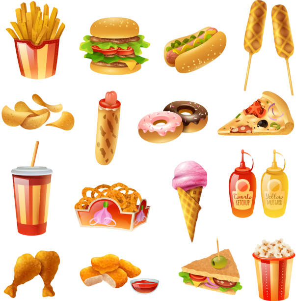 fast food set Fast food restaurant menu colorful icons collection with hotdog pizza chicken drumsticks ketchup and milkshake isolated vector illustration nuggets heat stock illustrations