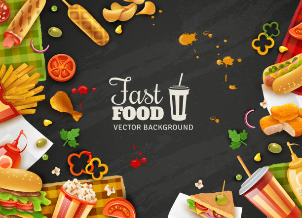 fast food background Fastfood restaurant colorful frame black background poster with popcorn mustard saus hotdogs and ice-cream vector illustration nuggets heat stock illustrations