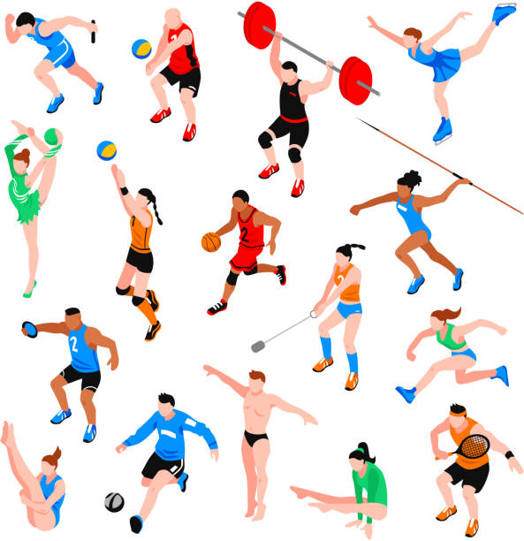 sport isometric set Sport isometric set with sportsmen of ball olympic games throwing competition athletics isolated vector illustration athletes stock illustrations