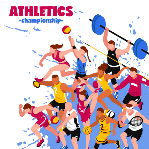 sports poster Colorful sport isometric poster with active players sportsmen and athletes on splash background vector illustration track and field stock illustrations